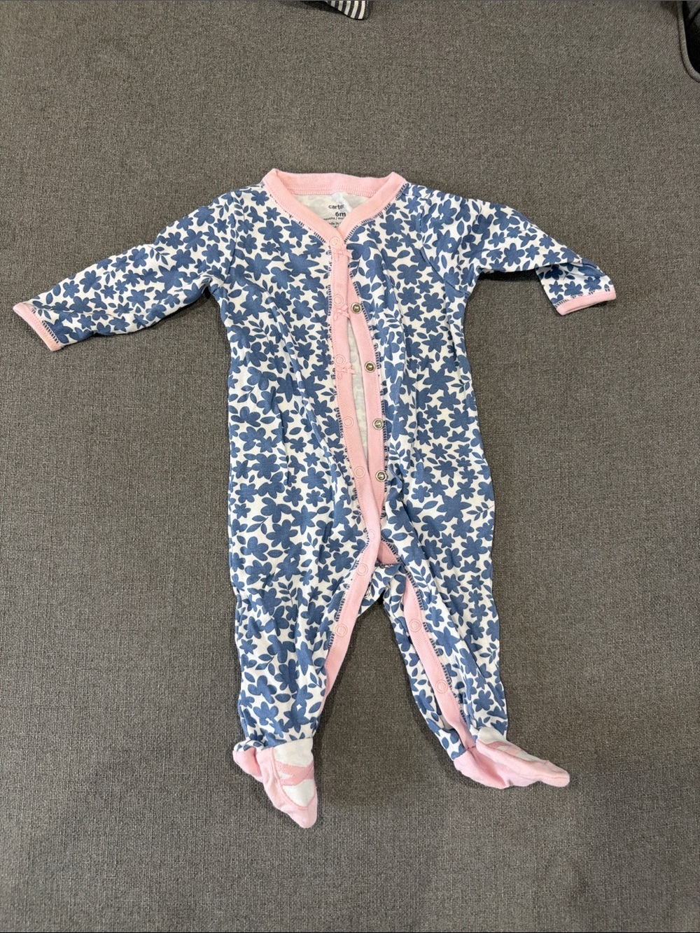 Carter's Blue Floral Footed One-Piece with Pink Trim